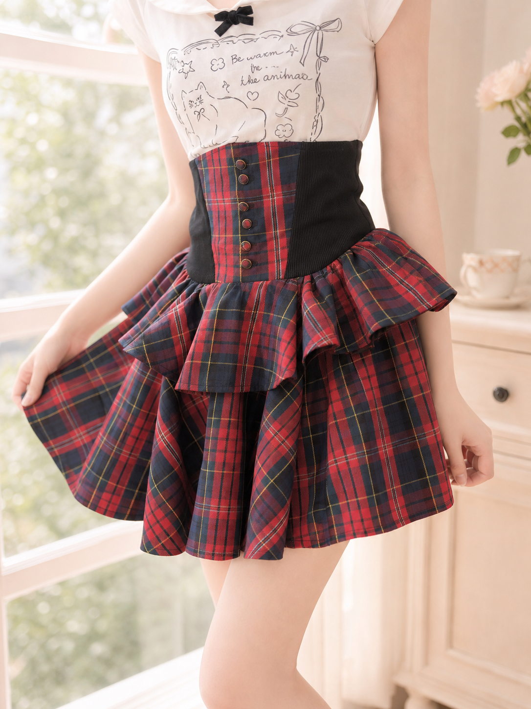 【APV Girliness 】緋紅諾言復古高腰宮廷雙層蛋糕格子裙  Victorian High-Waist Tartan Tiered Skirt