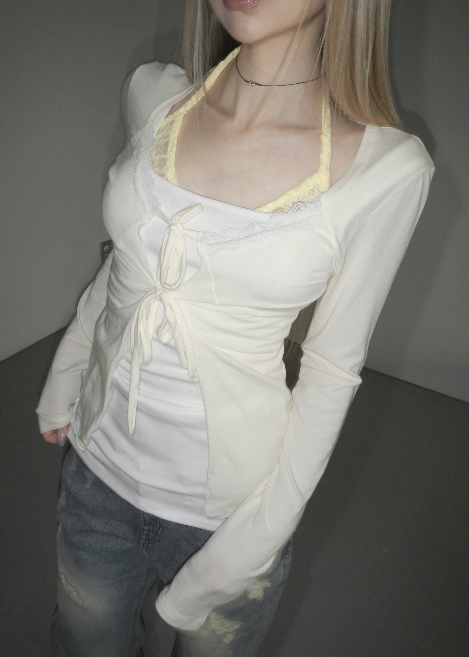 Soft Lace Trim Tie-Front Cardigan