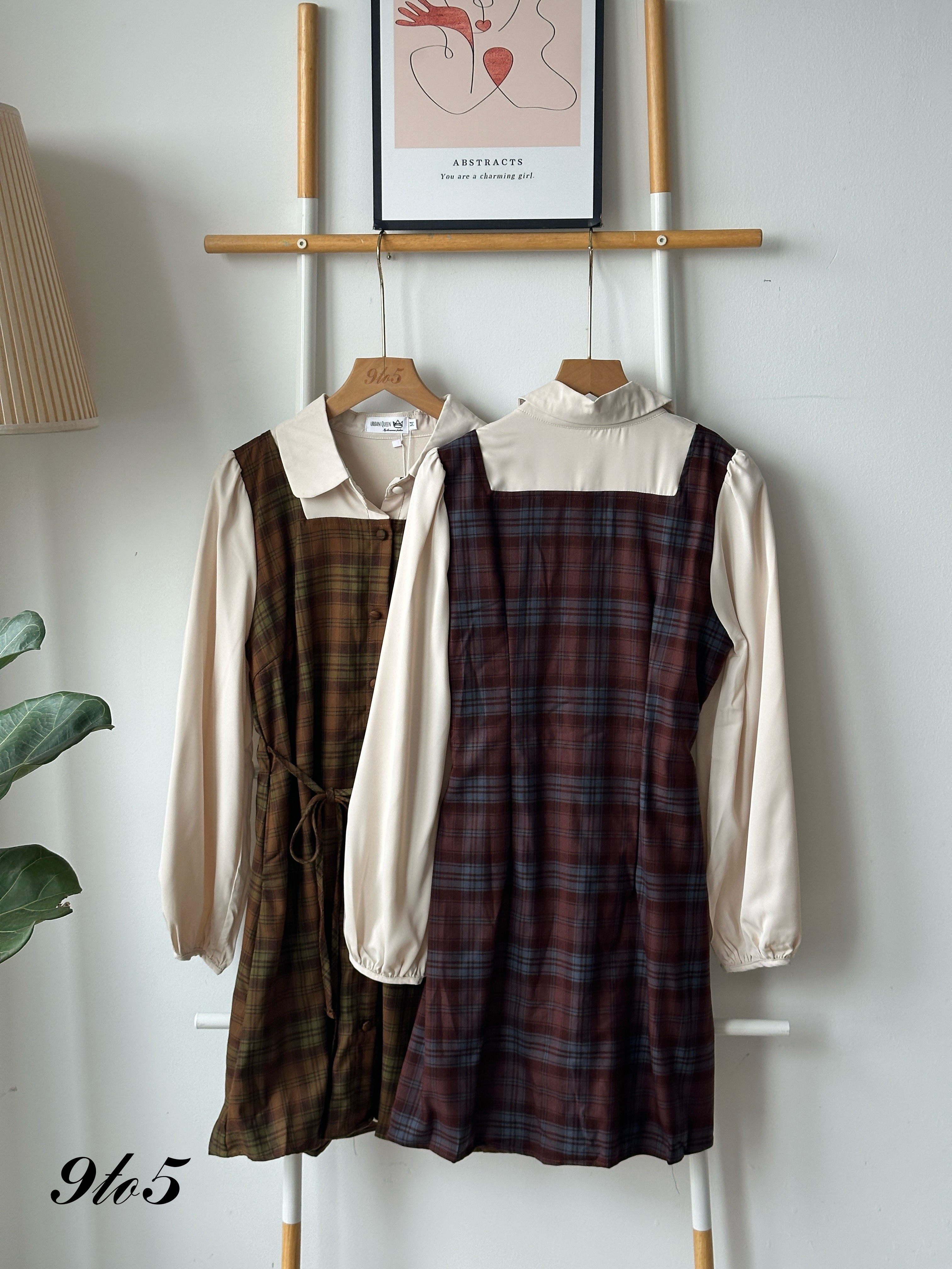 D2340 Fake Two-Piece Checker Dress - Chesnut & Olive