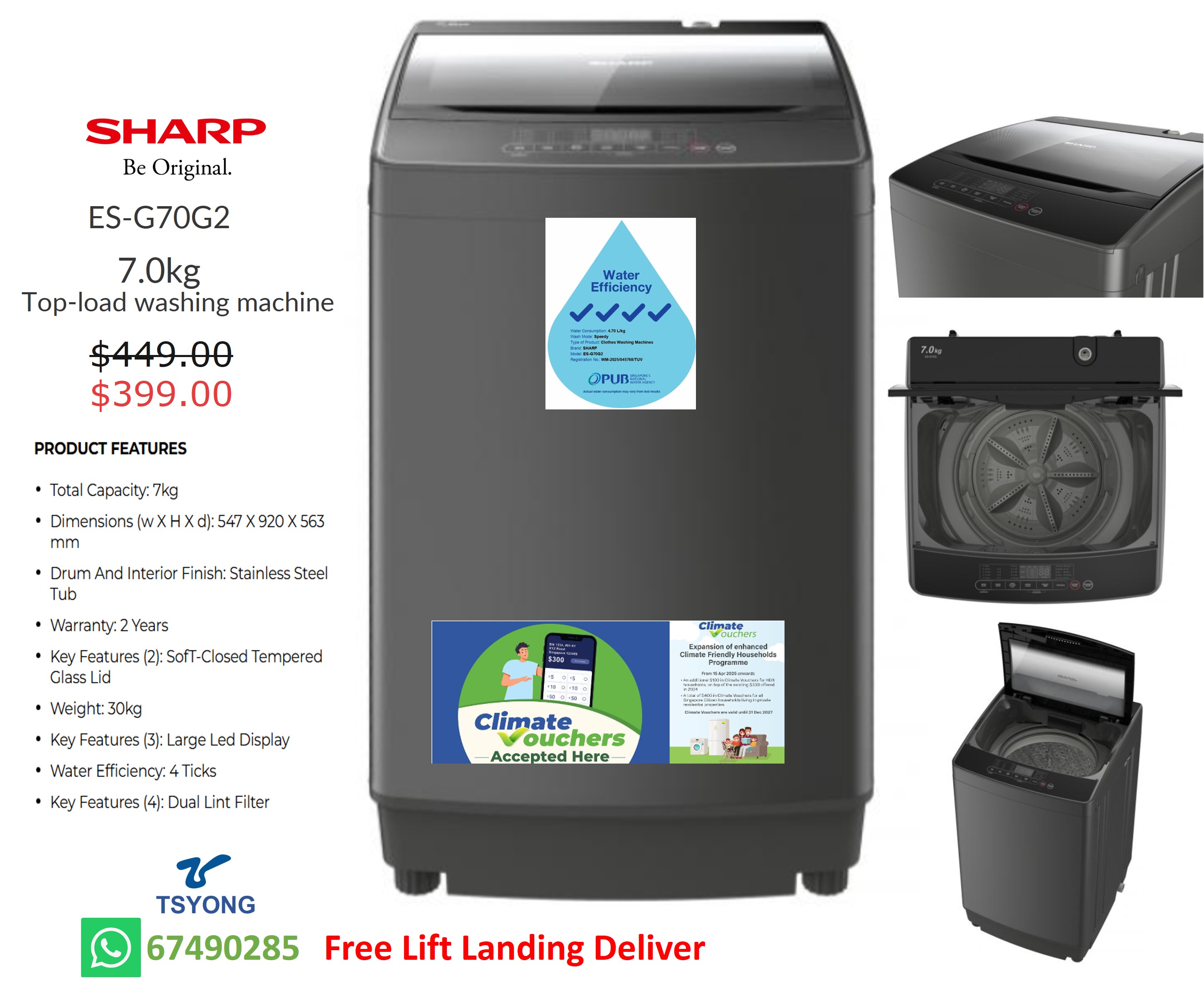 SHARP 7.0kg Top Load Washing Machine ES-G70G2