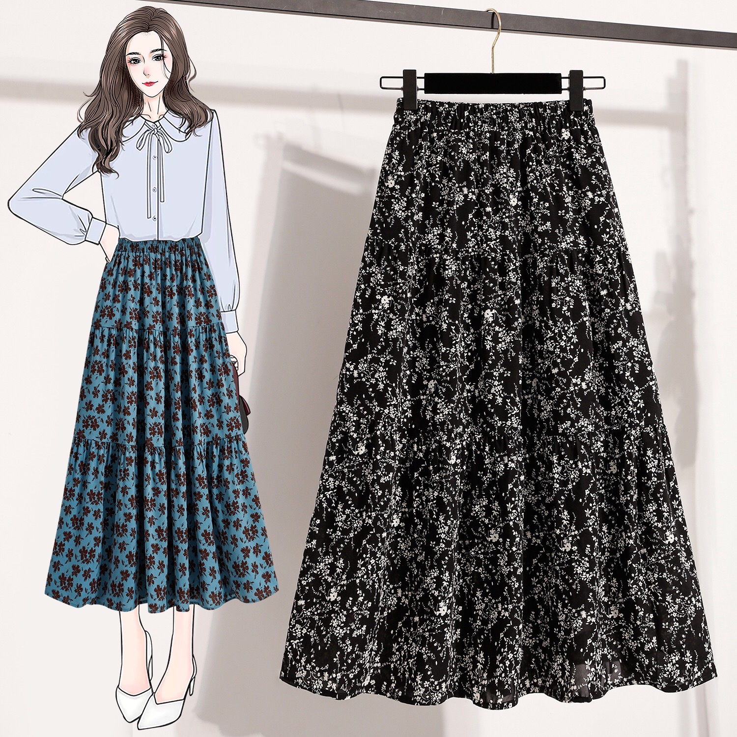 B201(5977) 法式复古松紧腰碎花拼接层层A字3色长裙