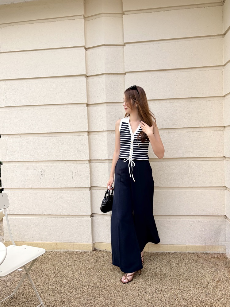 [超涼!!] Contrast Belt Wide Leg Slacks (Navy)