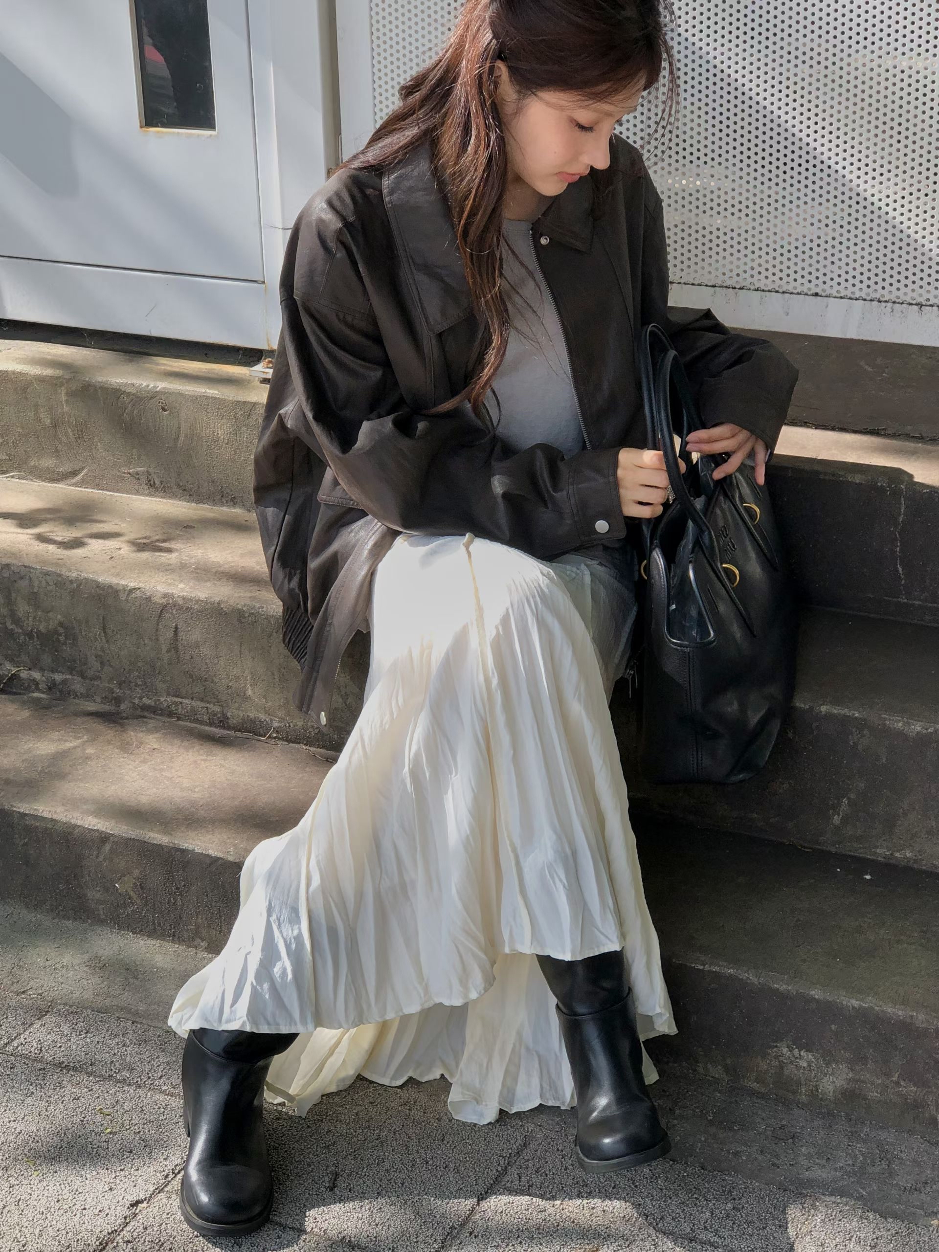 Natural pleats long skirt