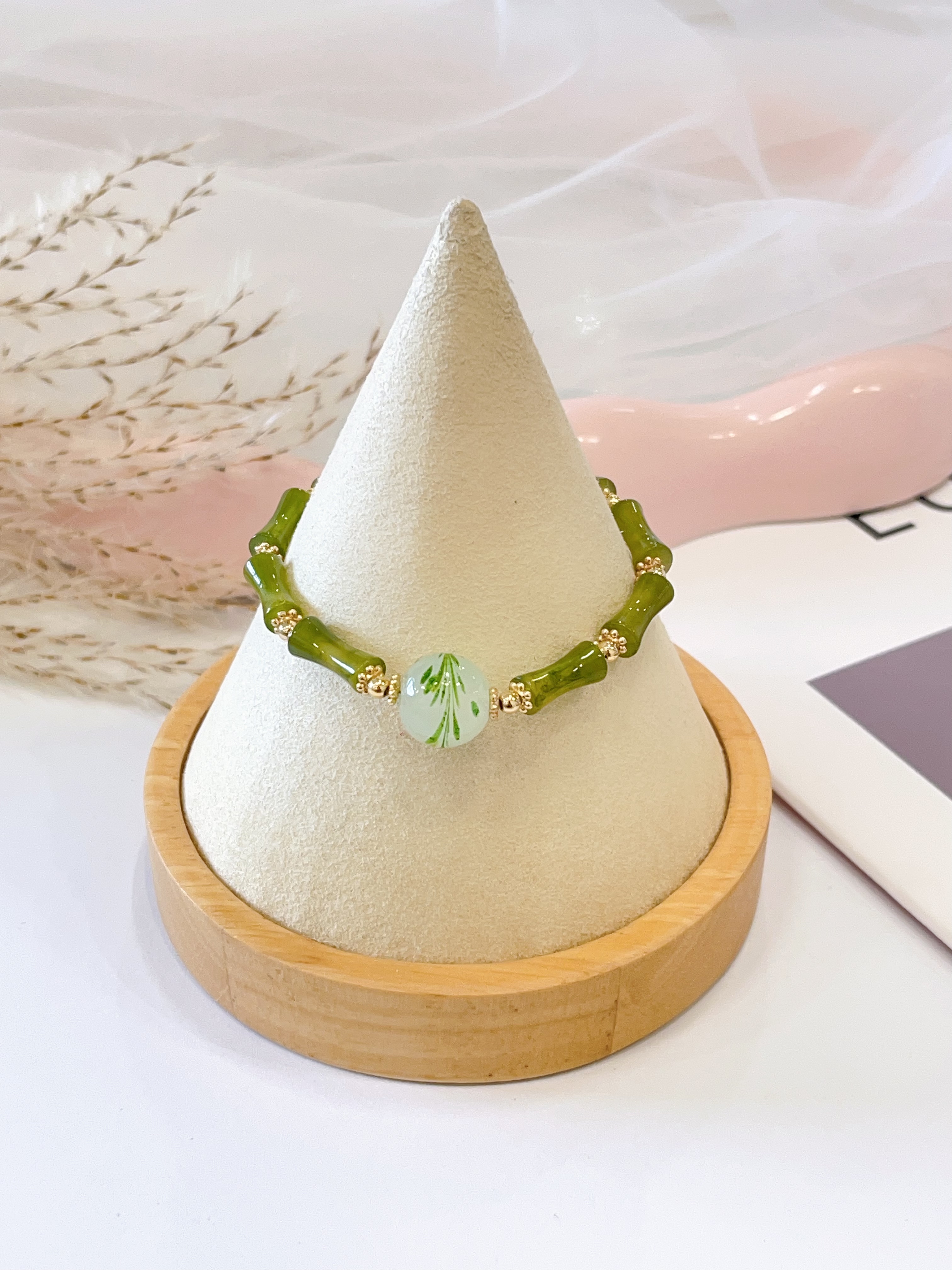 🎋🌿 绿竹节 × 凤尾花手串 Green Bamboo Joint & Phoenix Tail Flower Bracelet | 12mm