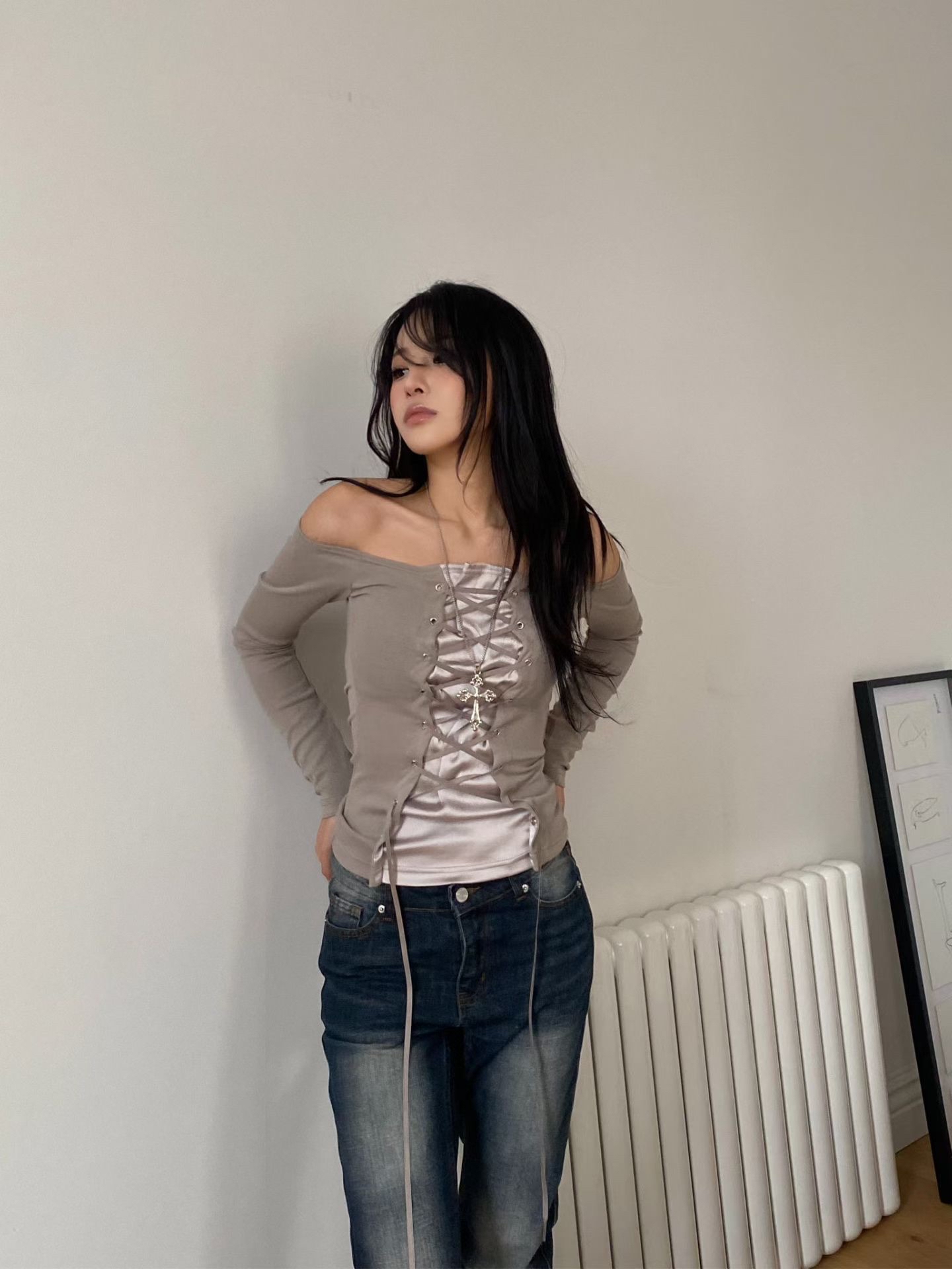 韓國Sexy系列洞洞綁帶長袖外撘