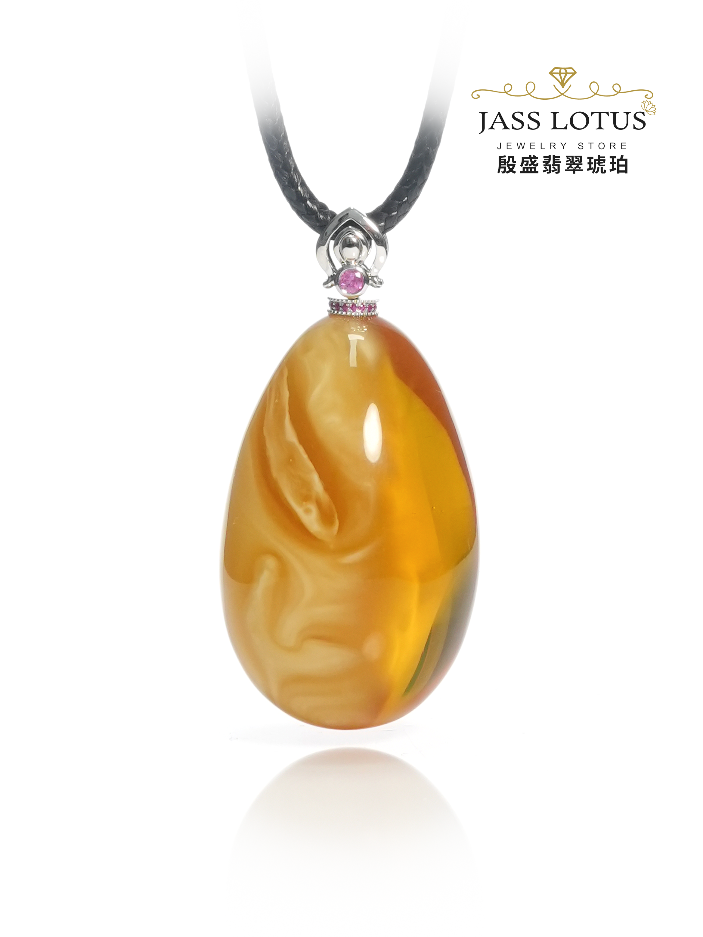 18K白金鑲天然鑽石配金絞白花蜜蠟水滴吊墜 