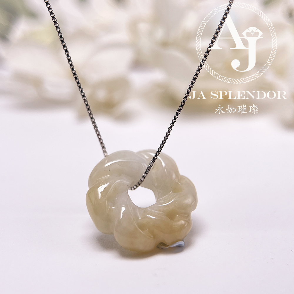 JN-2737 天然翡翠A玉-糖環花開富貴立體雕花吊墜（送銀鏈）