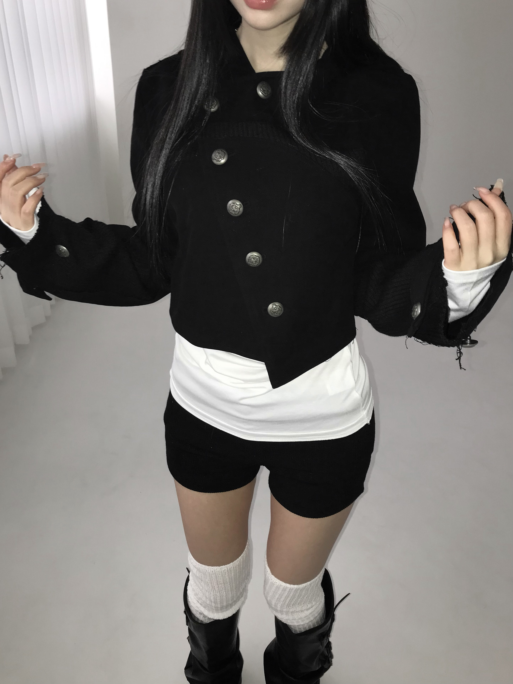 Asymmetric Raw-Edge Hooded Cropped Jacket