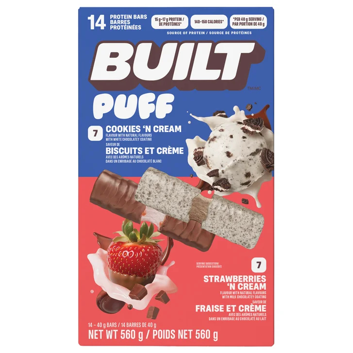 加拿大Costco直送  BUILT Puff 蛋⽩棉花糖棒混合裝 曲奇奶油/草莓奶油⼝味14x40g