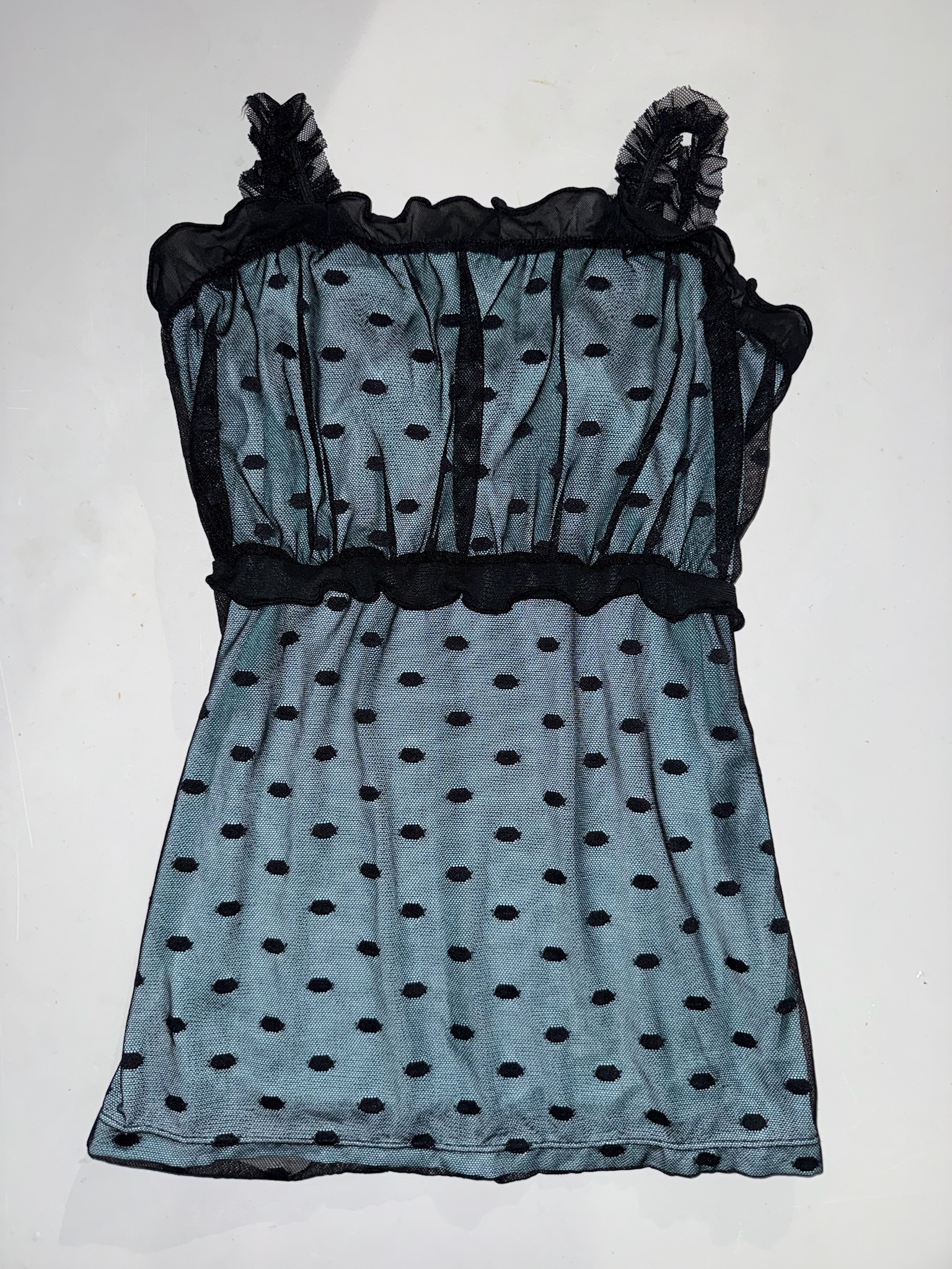 Teal Blue Polka Dot Mesh Overlay Cami Top