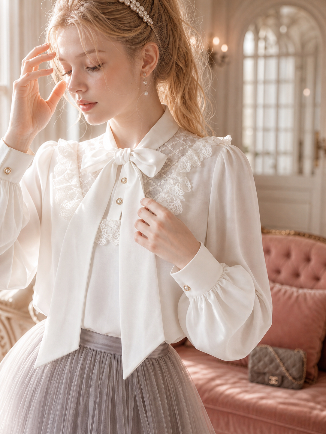 凡爾賽玫瑰的加冕珍珠蕾絲蝴蝶結宮廷襯衫 The Coronation of Versailles Rose: Pearl & Lace Bow Palace Blouse