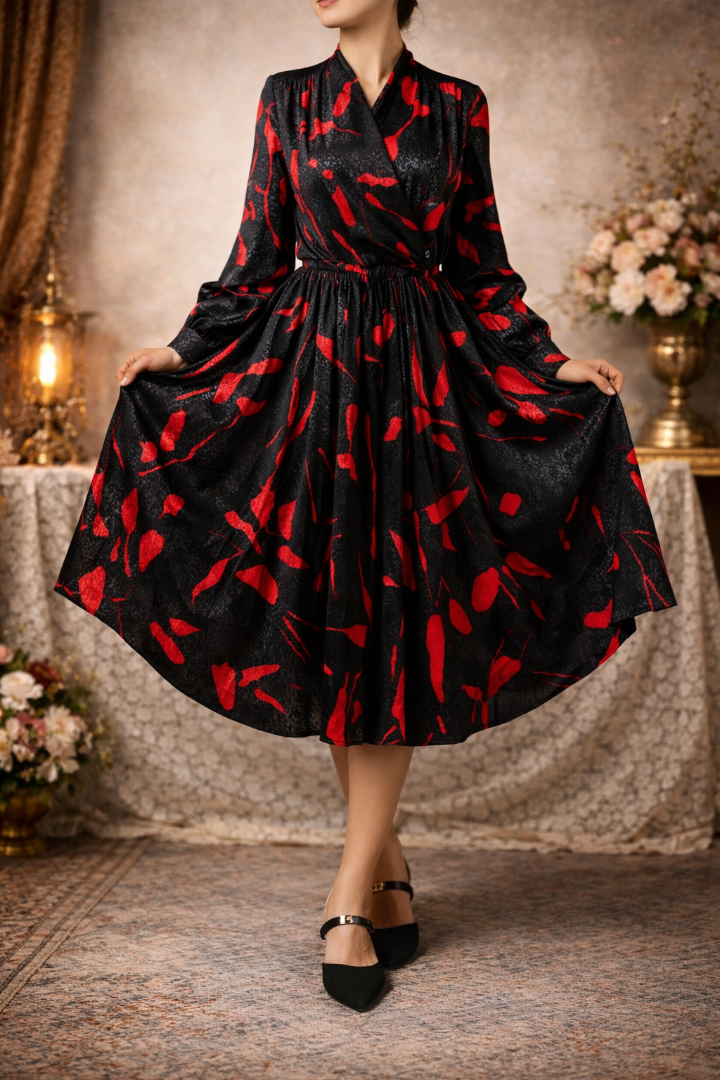 Vintage Japanese C.a. 1980s Red Stoke Pattern Half Wrap Full Flare Dress(MT1608-144)