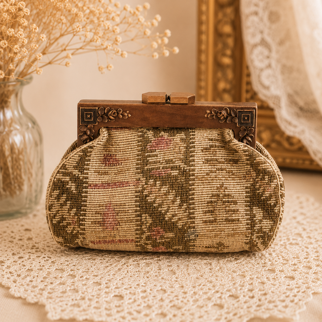 Antique Collectible Turn of Century Tapestry Bag with Rose Craved Wooden Frame and Back Handle (MT666)