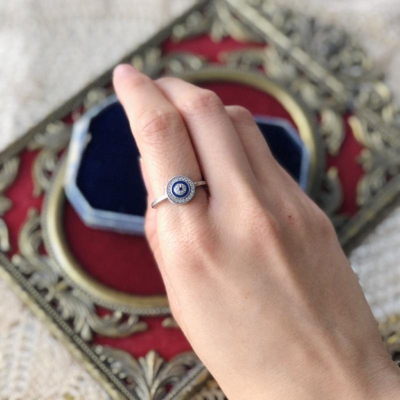 Edwardian Style Retro 925 Silver Blue Enamel Sparkling Stone Ring(MT286)