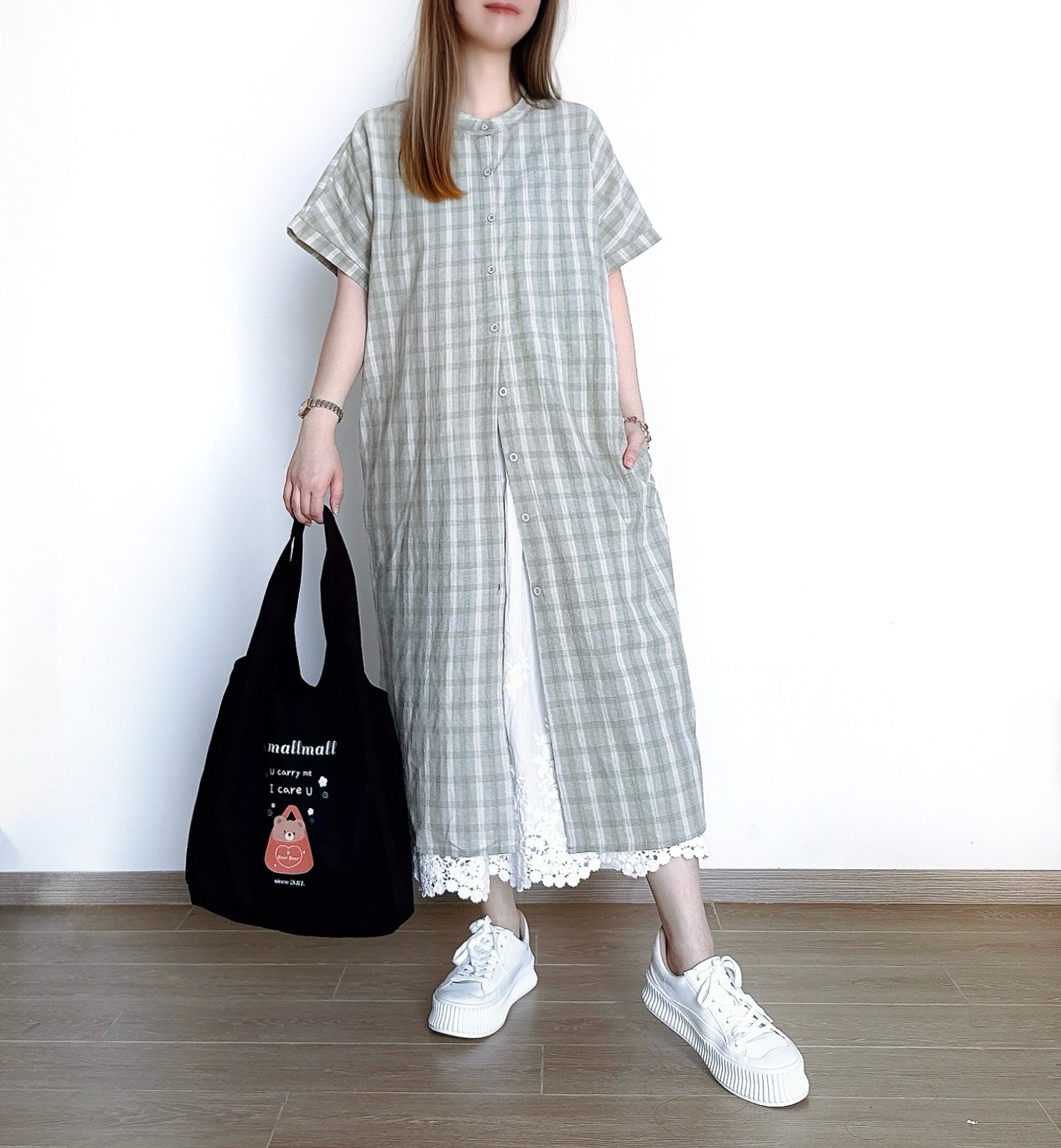 日系豆綠格紋Ops