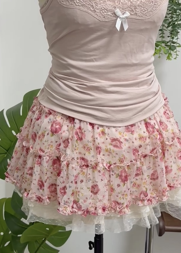 Pink Floral Ruffle Skirt
