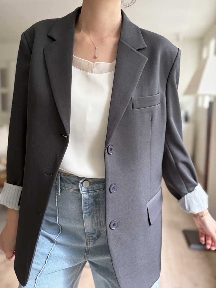 Margot Blazer with Striped Cuffs (Charcoal)