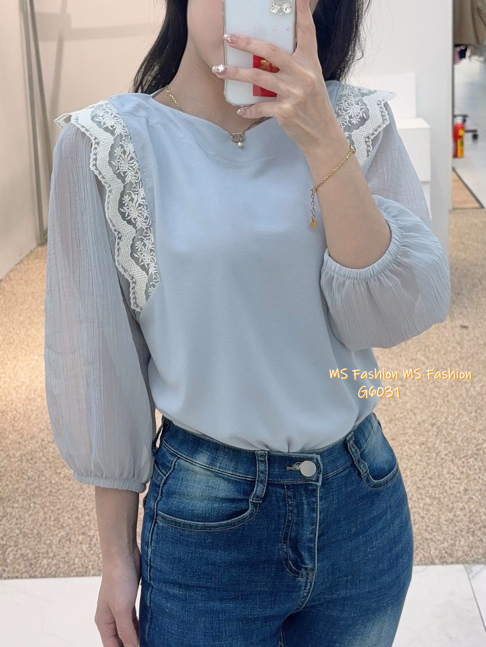 G6031 韓國🇰🇷肩lace拼布top