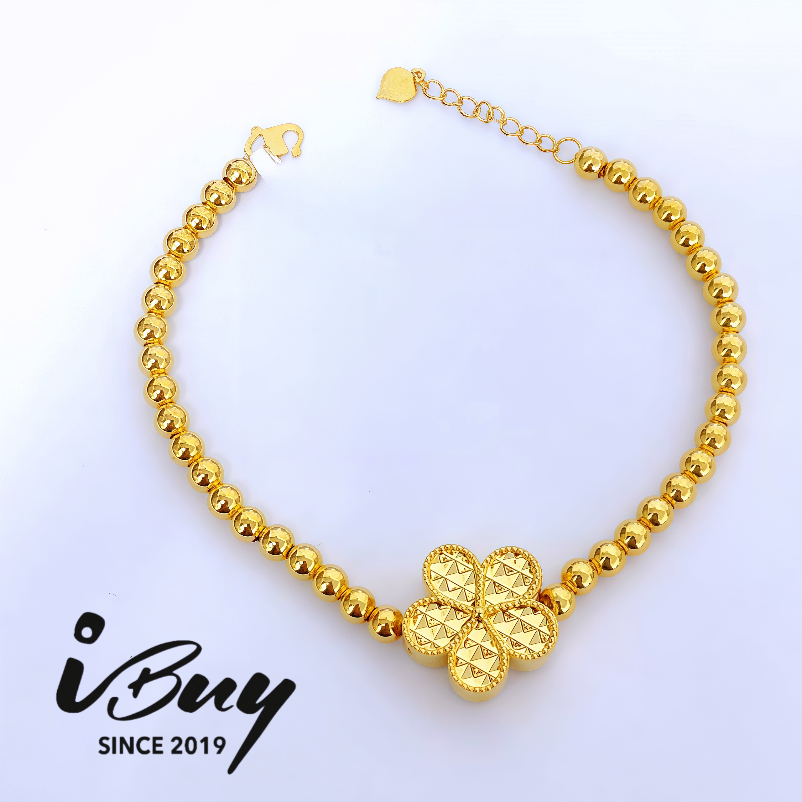 916 GOLD DIAMOND-CUT FLOWER WITH ROUND BEAD BRACELET 16CM-18CM 916硬金 菱格花花光珠手链 16-18CM