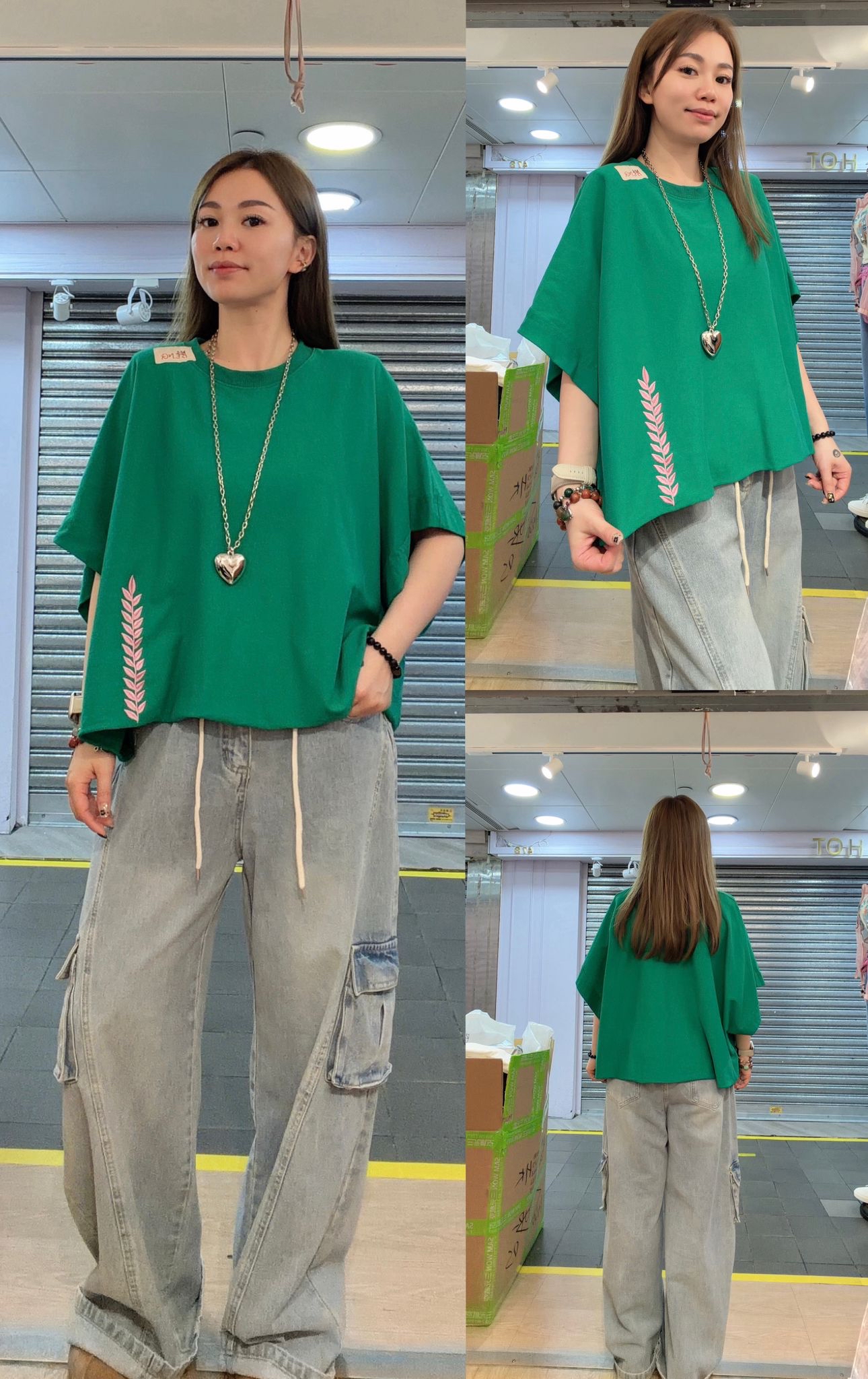 T17-蝙蝠袖刺繡樹葉top 胸綠色）   ｜