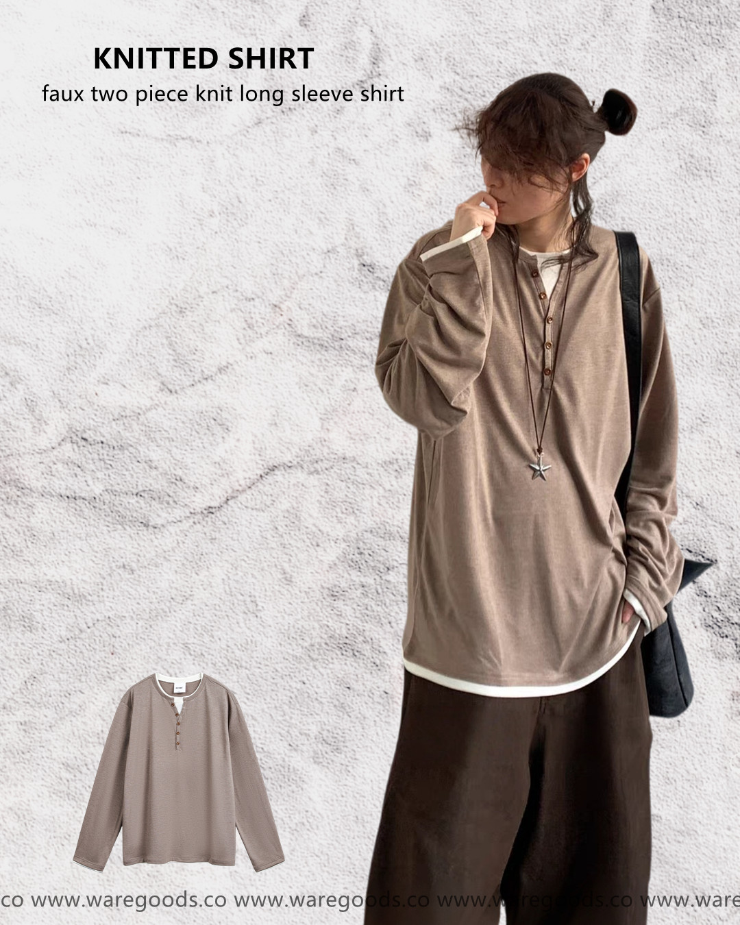 W35假兩件開胸長袖T恤