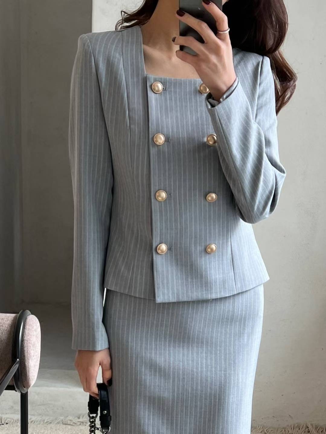 ZA003摩登細條紋通勤套裝