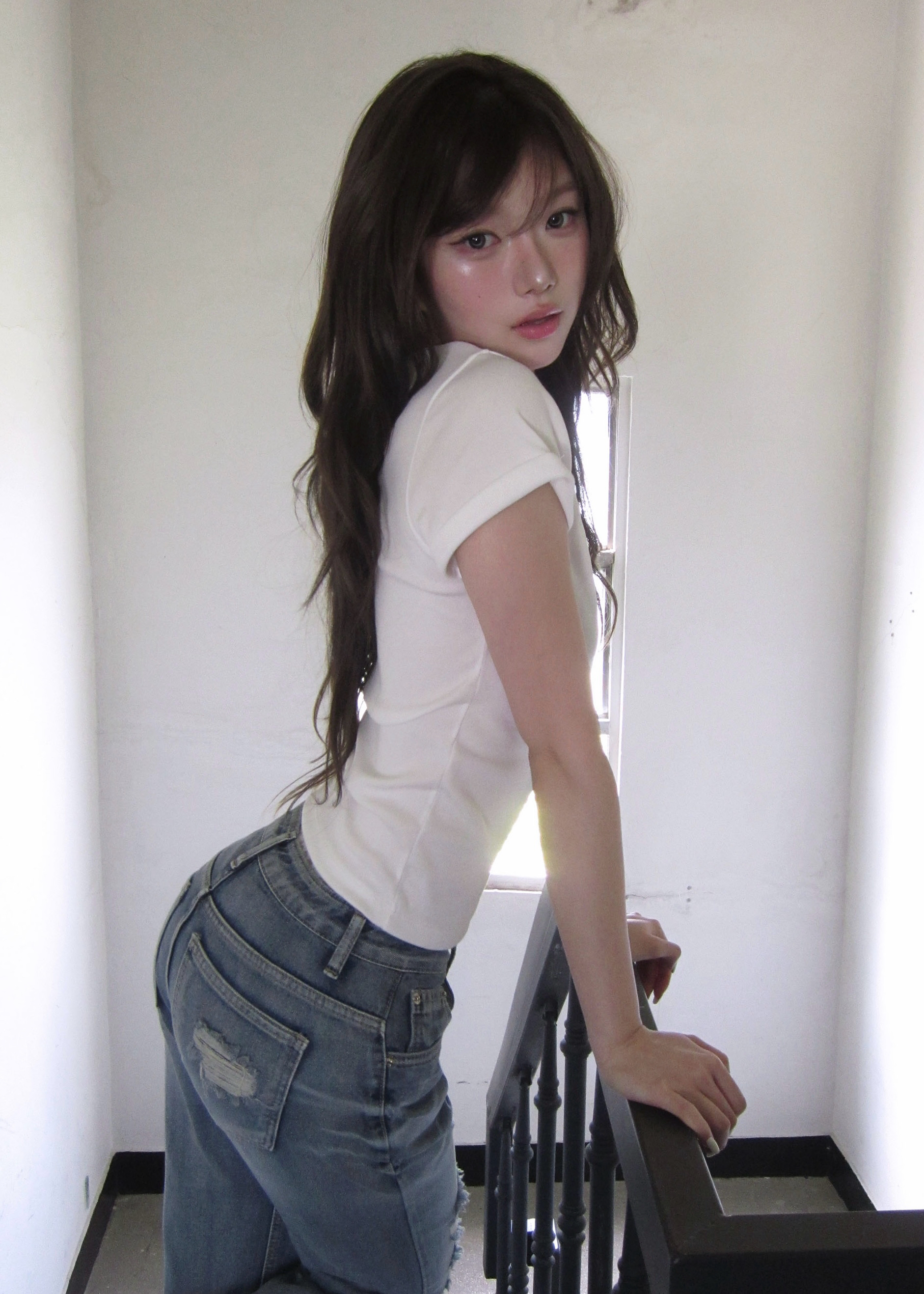 Washed Distressed Flare Jeans
