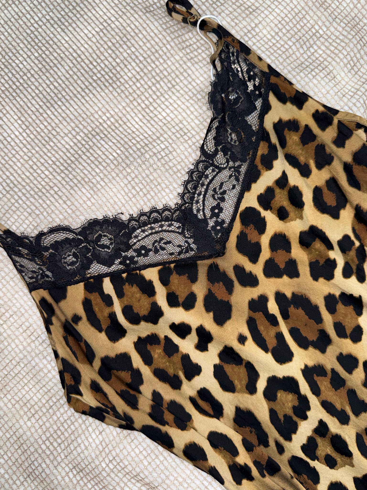 Leopard Satin Slip Dress with Lace Trim