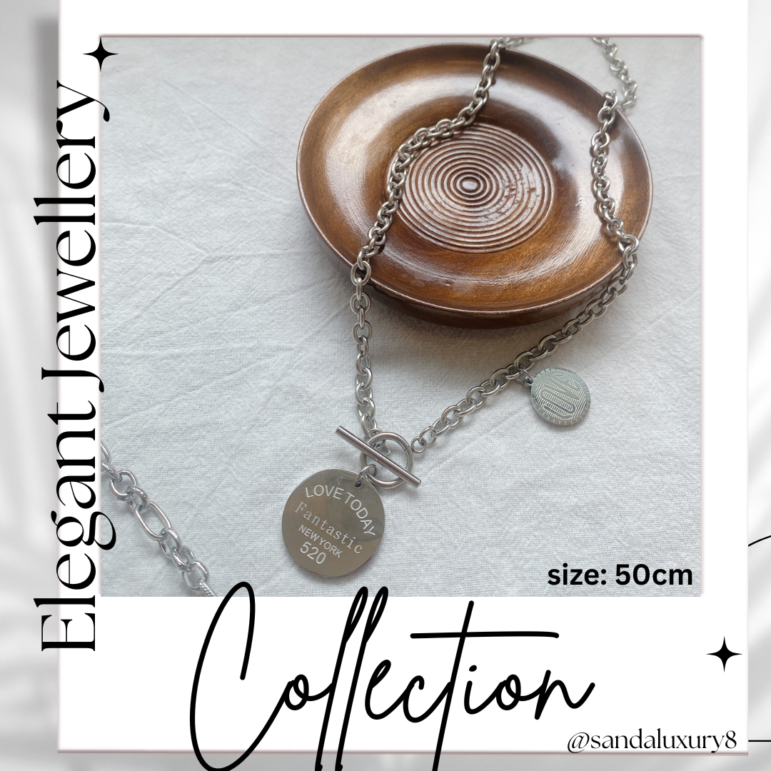 Titanium Steel Chain Necklace with "LOVE TODAY, FANTASTIC" Round Pendant   