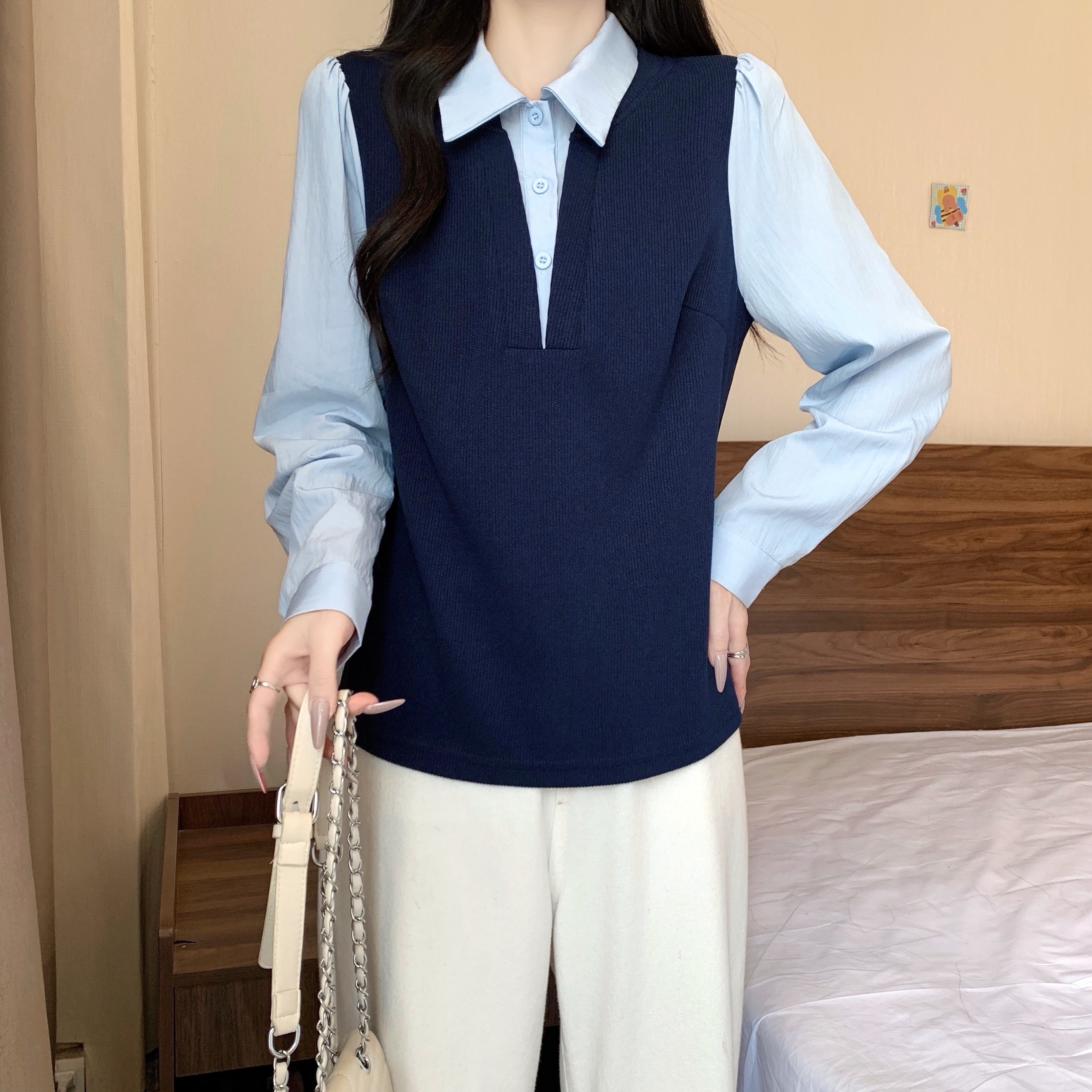 B52(80705) 韩系时尚撞色假两件拼接叠穿长袖衬衫灰蓝上衣