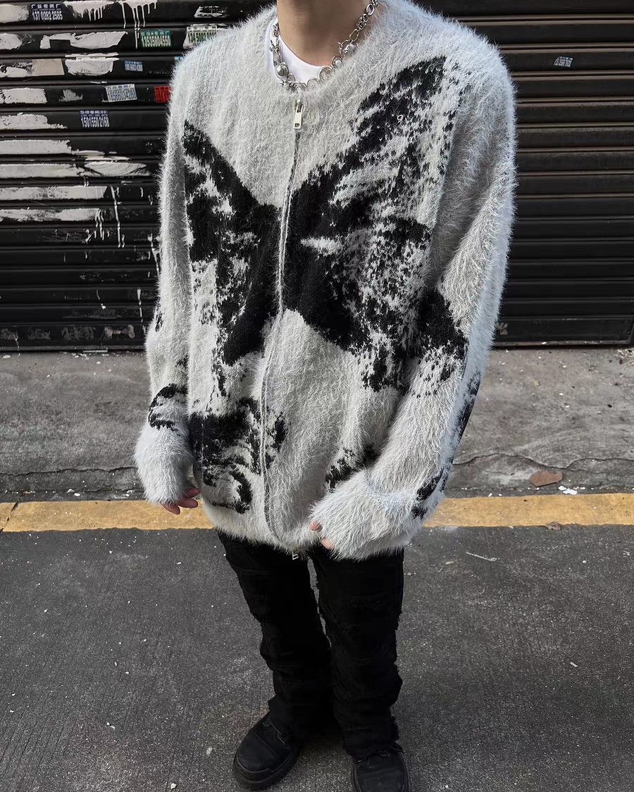 W2408蝴蝶提花海馬毛拉鍊外套