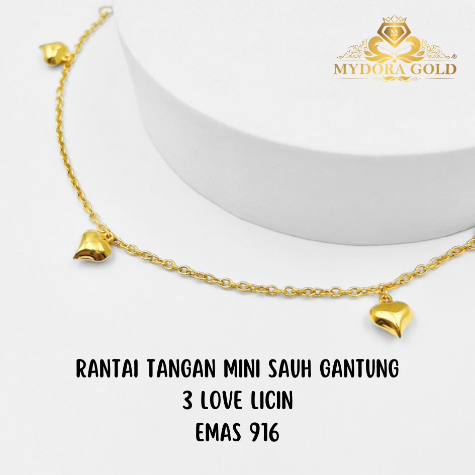 MYDORA Rantai Tangan Sauh Gantung 3 Mini Love Licin | Emas 916/22k