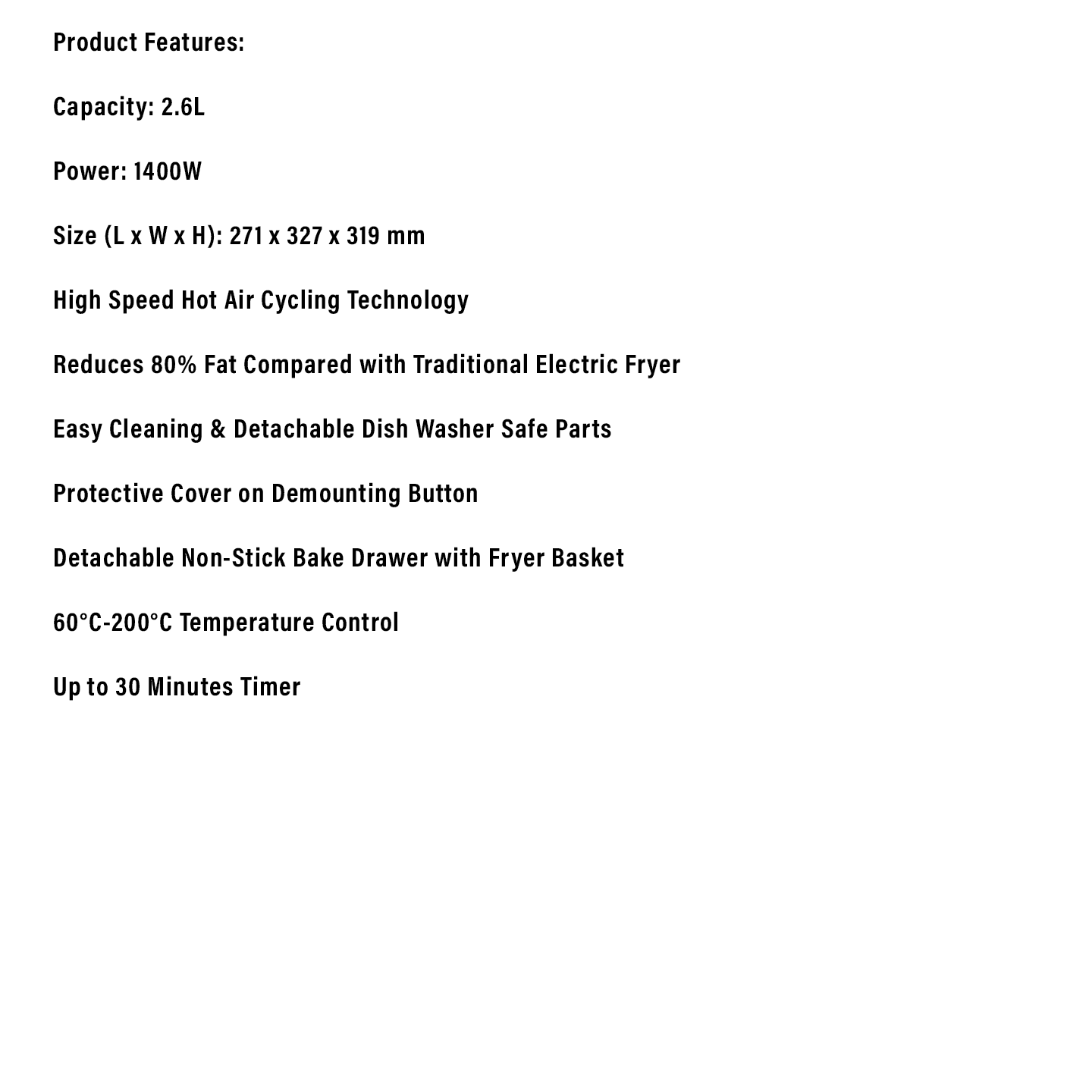 Milux 2.6L 1400W Speedy Air Fryer (MAF-1488BK)