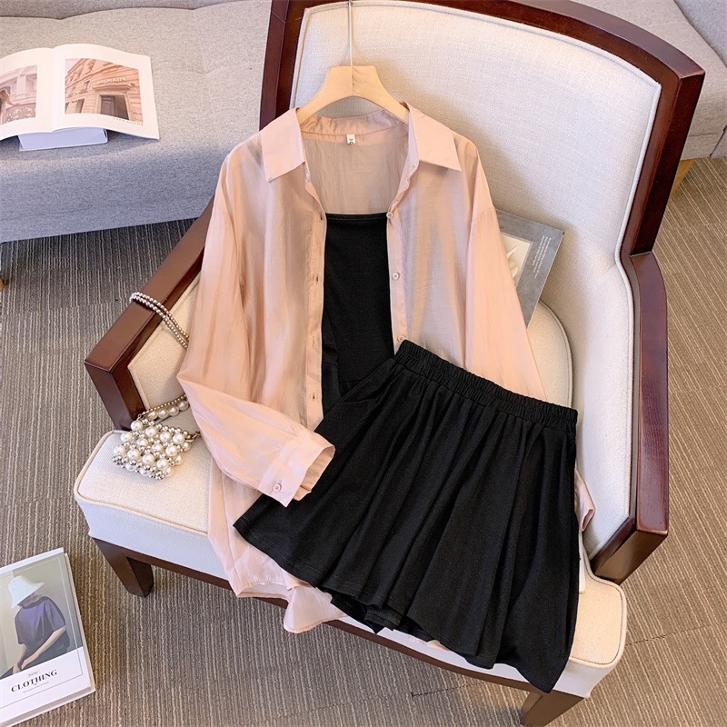 B304(12868) 韩系休闲风吊带内搭与薄款开衫与短裤3色三件套套装