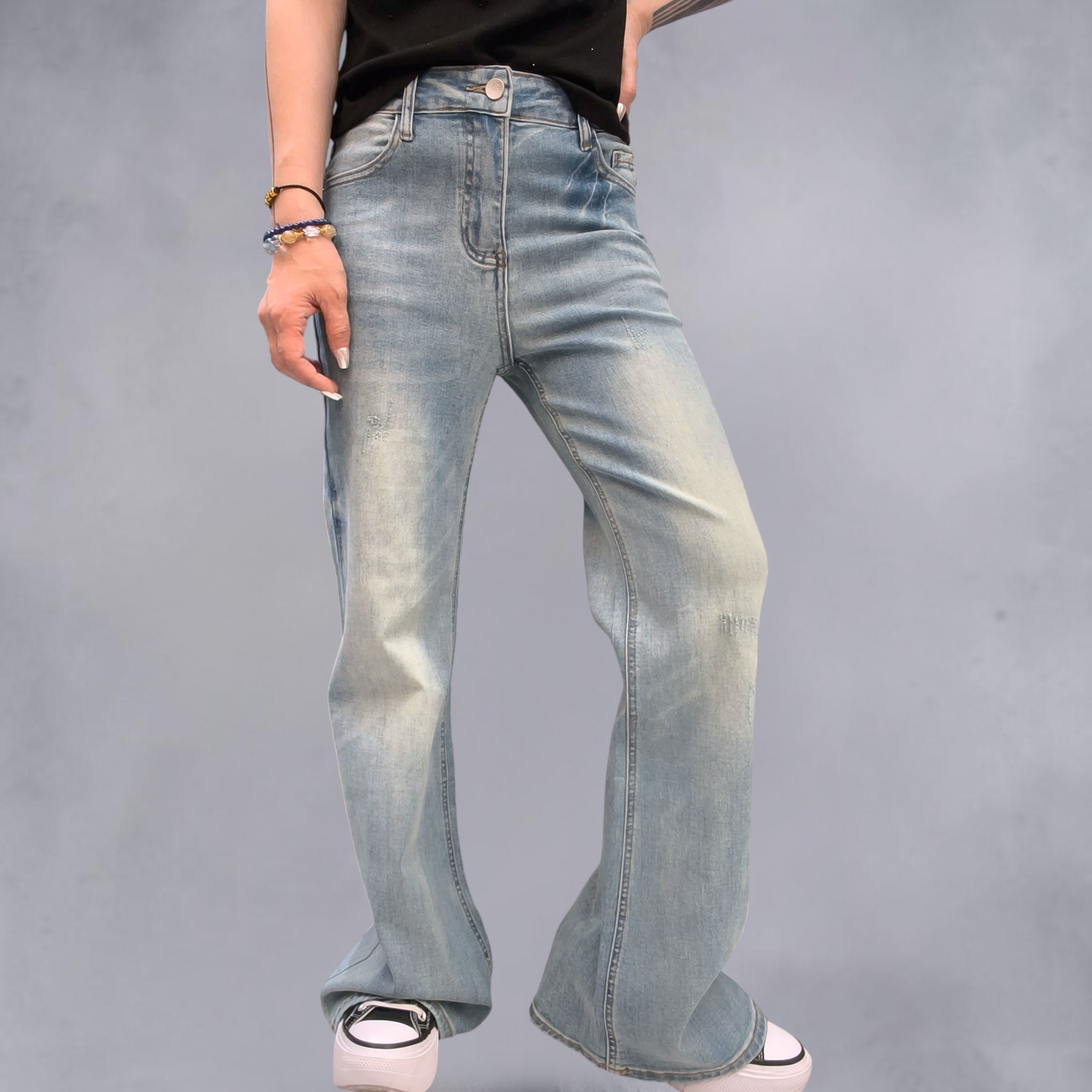 銀閃洗水喇叭牛仔褲