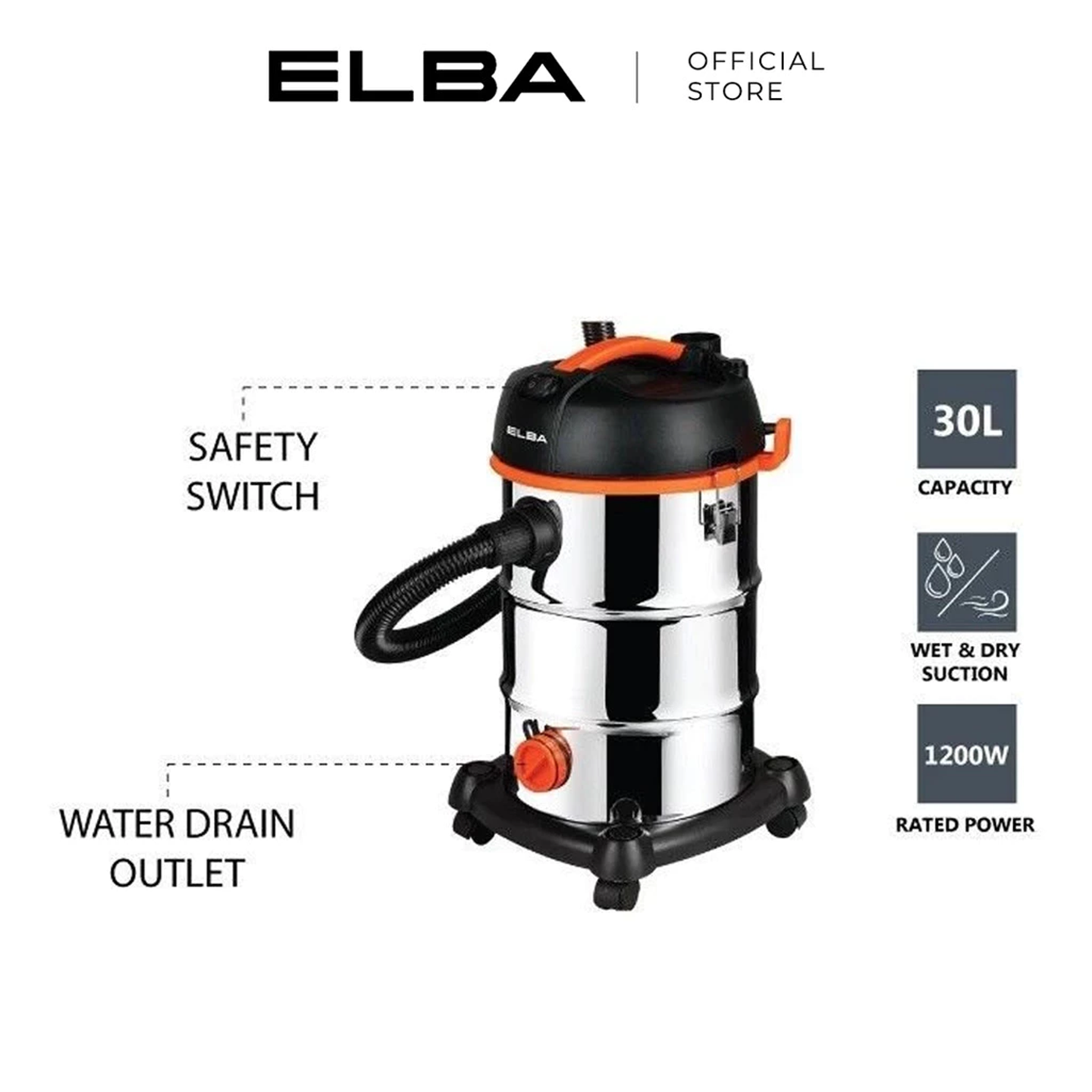 Elba 30L Wet&Dry Vacuum Cleaner Evc-Hepa Filter,Air Blowing EVC-H1231(SS)