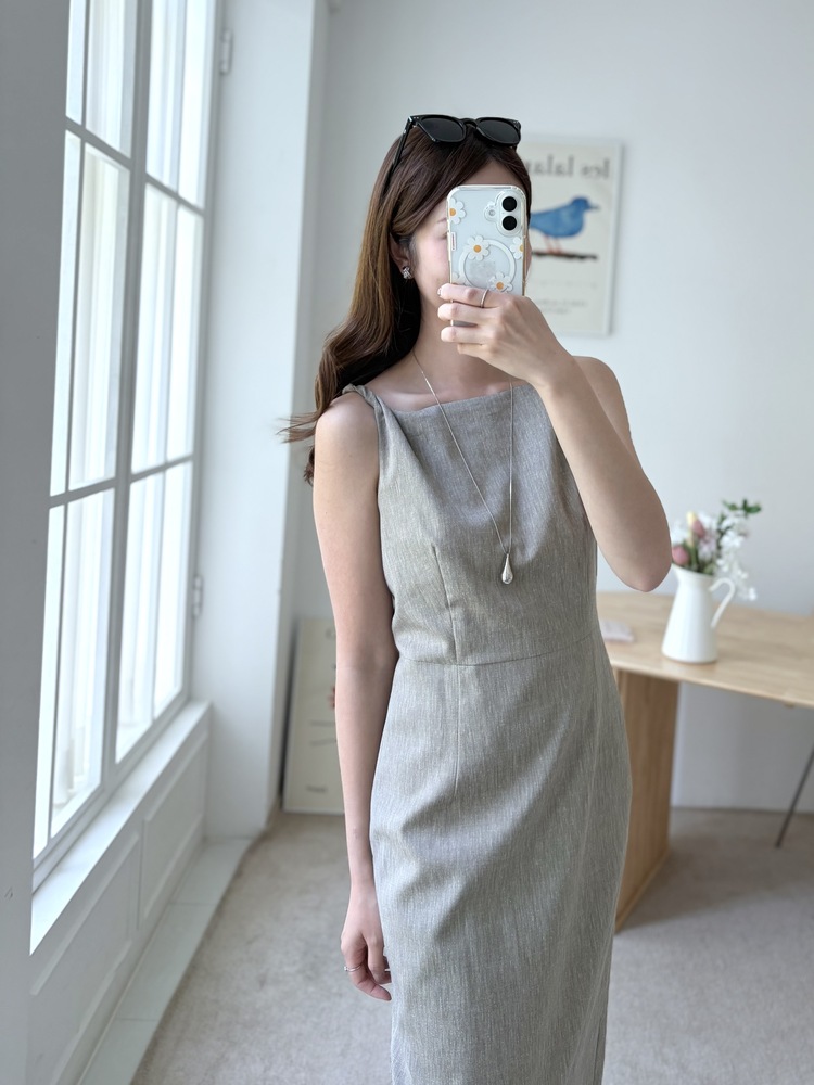 Linen Blend Twisted Strap Dress (Mocha)