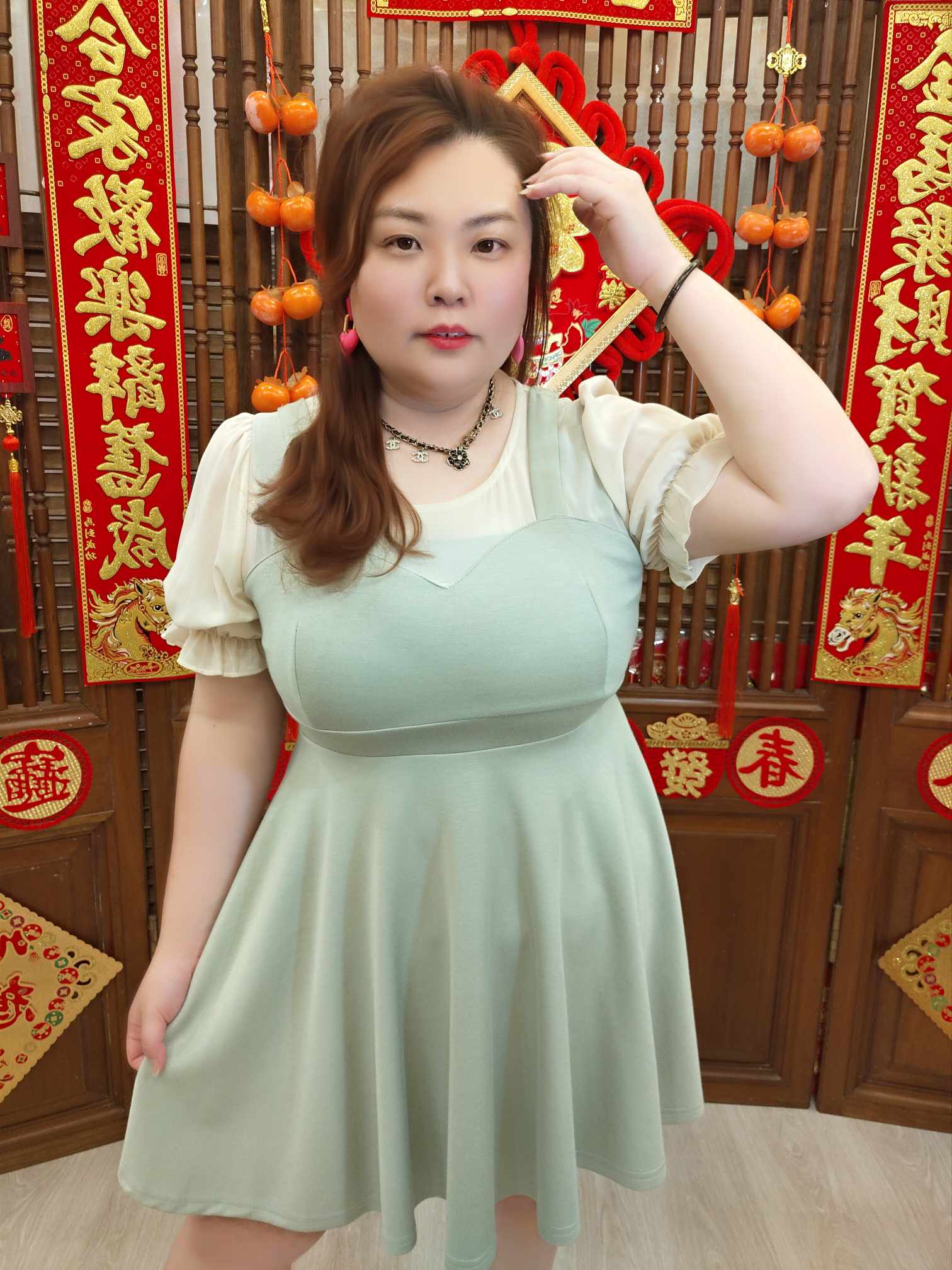 NFC07 TW#5722 假两件泡泡袖连衣裙