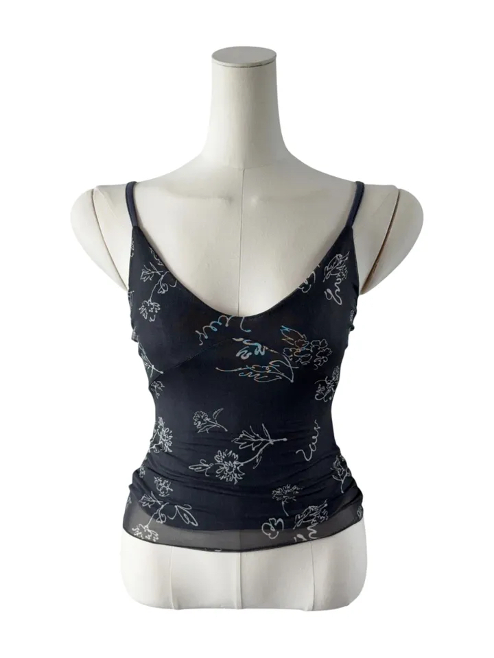 Abstract Floral Print Mesh Cami Top