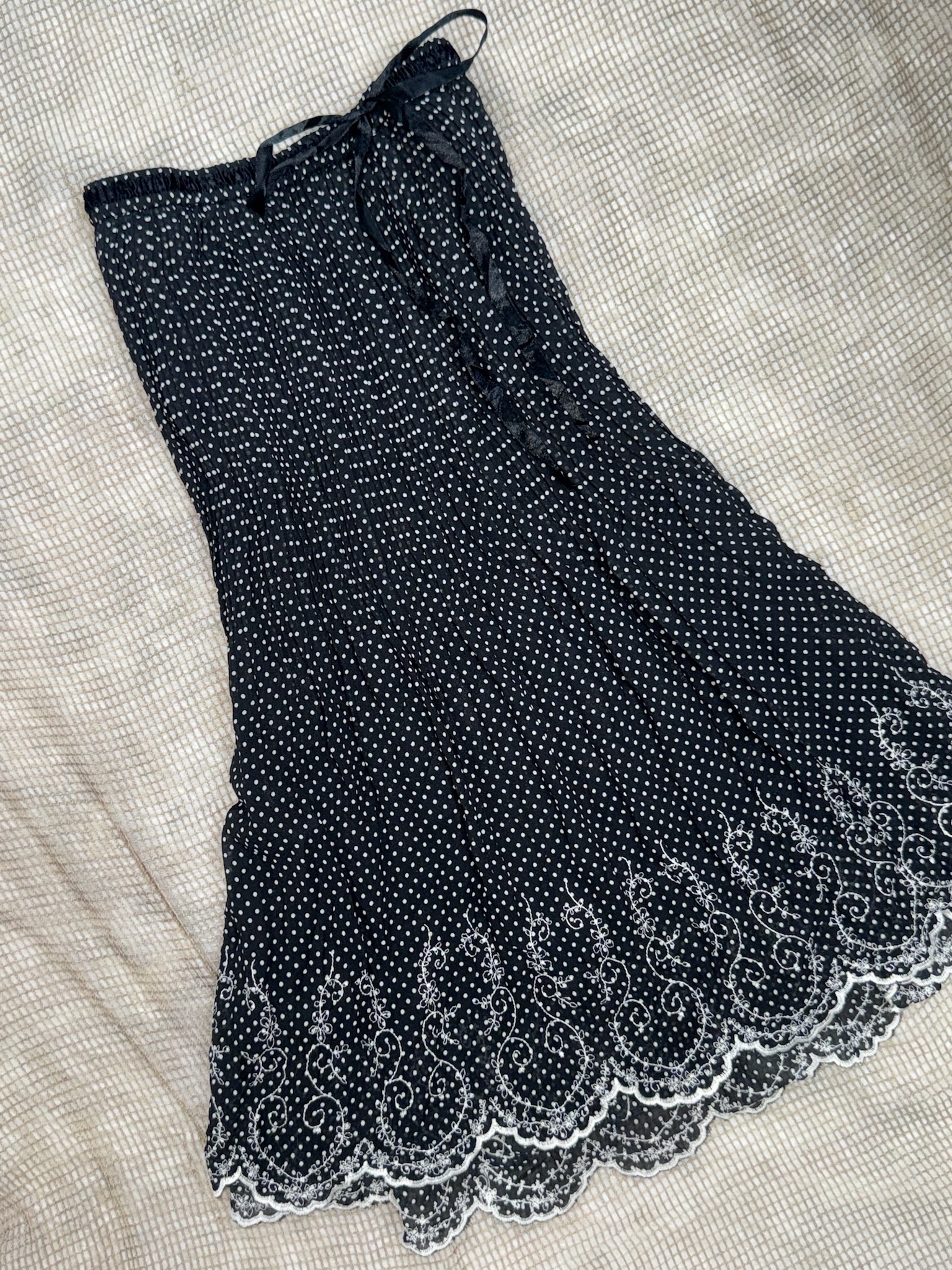 French Girly Ribbon Drawstring Lace Micro Dot Midi Skirt 