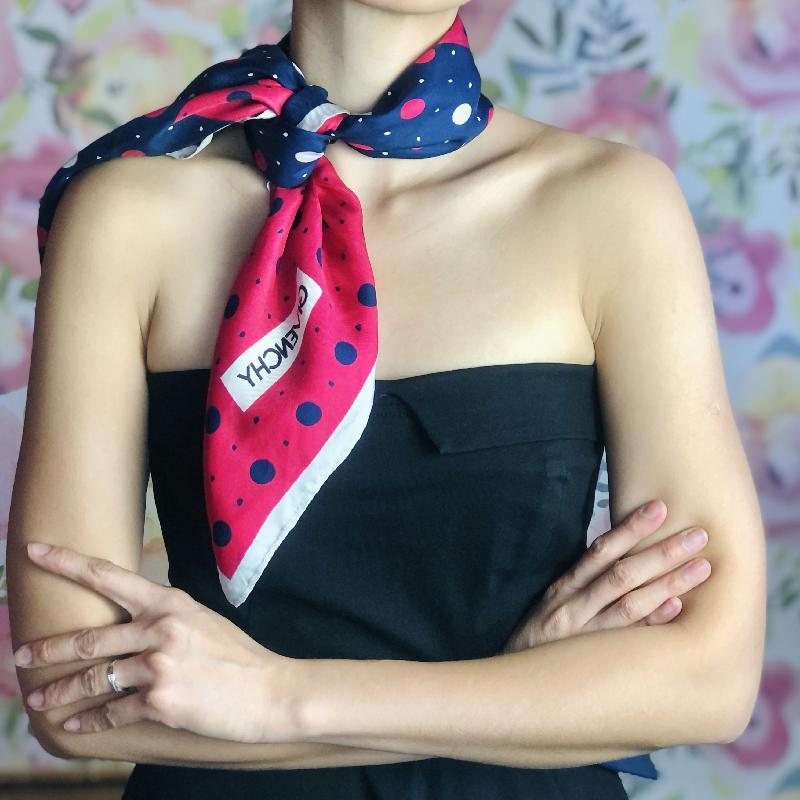 VIntage Givenchy Blue Red and White Trio-Colour Polka Dot Silk Scarf (MT1624)