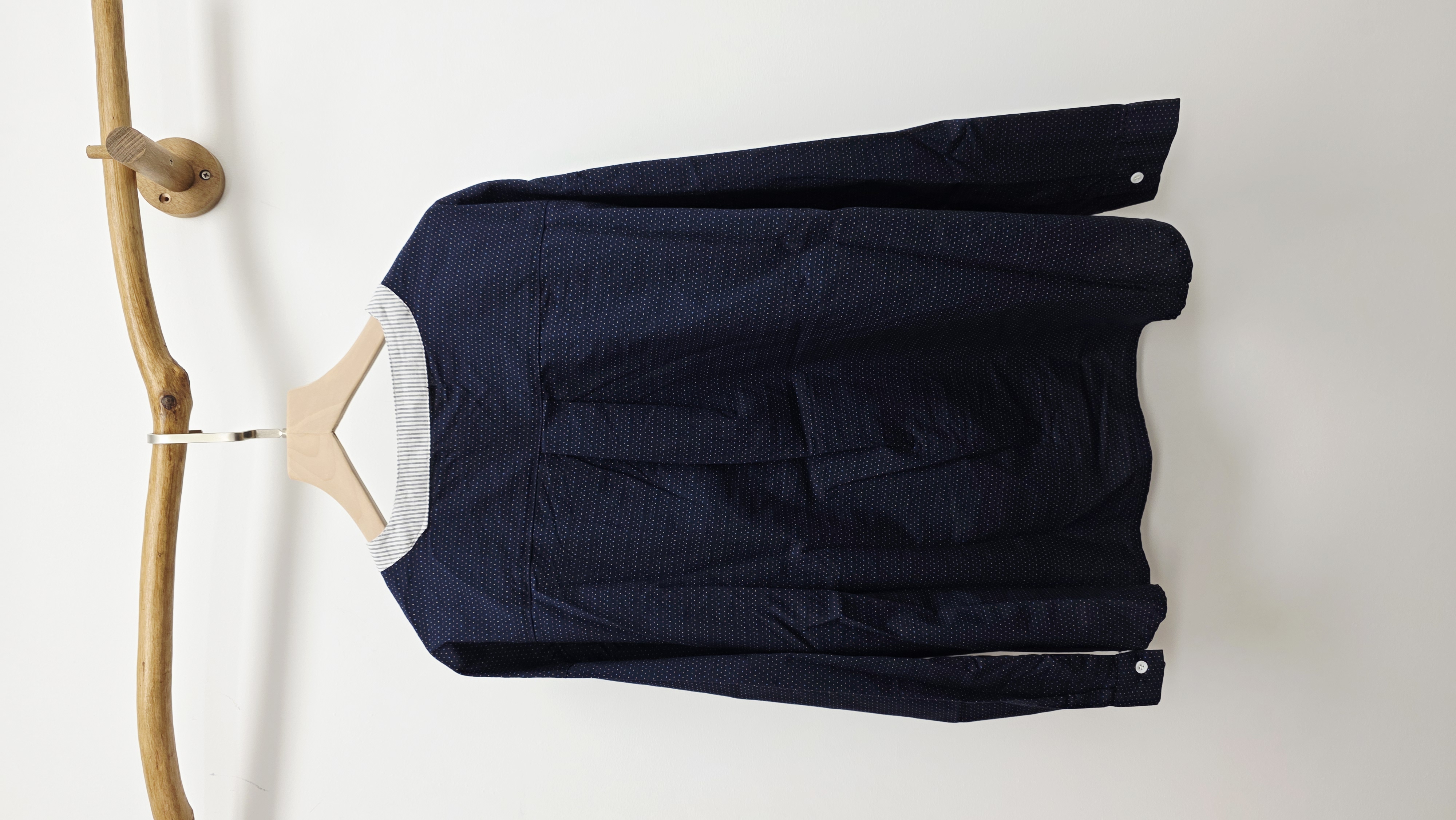 韓國深藍波點公仔刺繡開胸棉麻裇