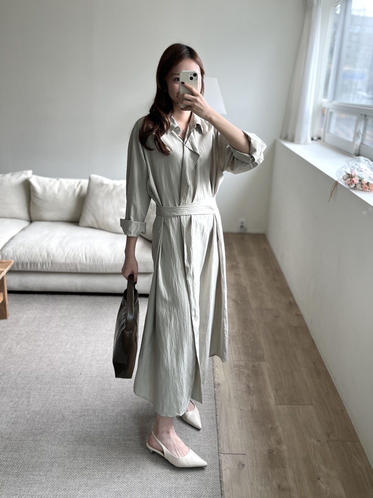Minimal Belted Shirt Dress (Khaki)
