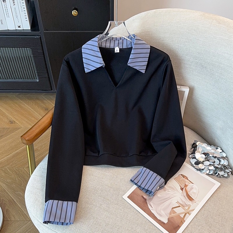 B21(6108长) 长款韩系减龄拼接撞色条纹翻领袖边上衣与条纹折角边短裙蓝套装