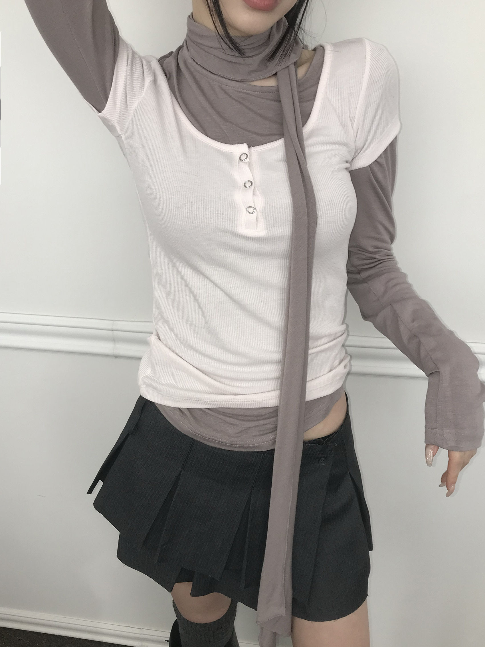 Scoop Neck Ribbed Button Short Sleeve