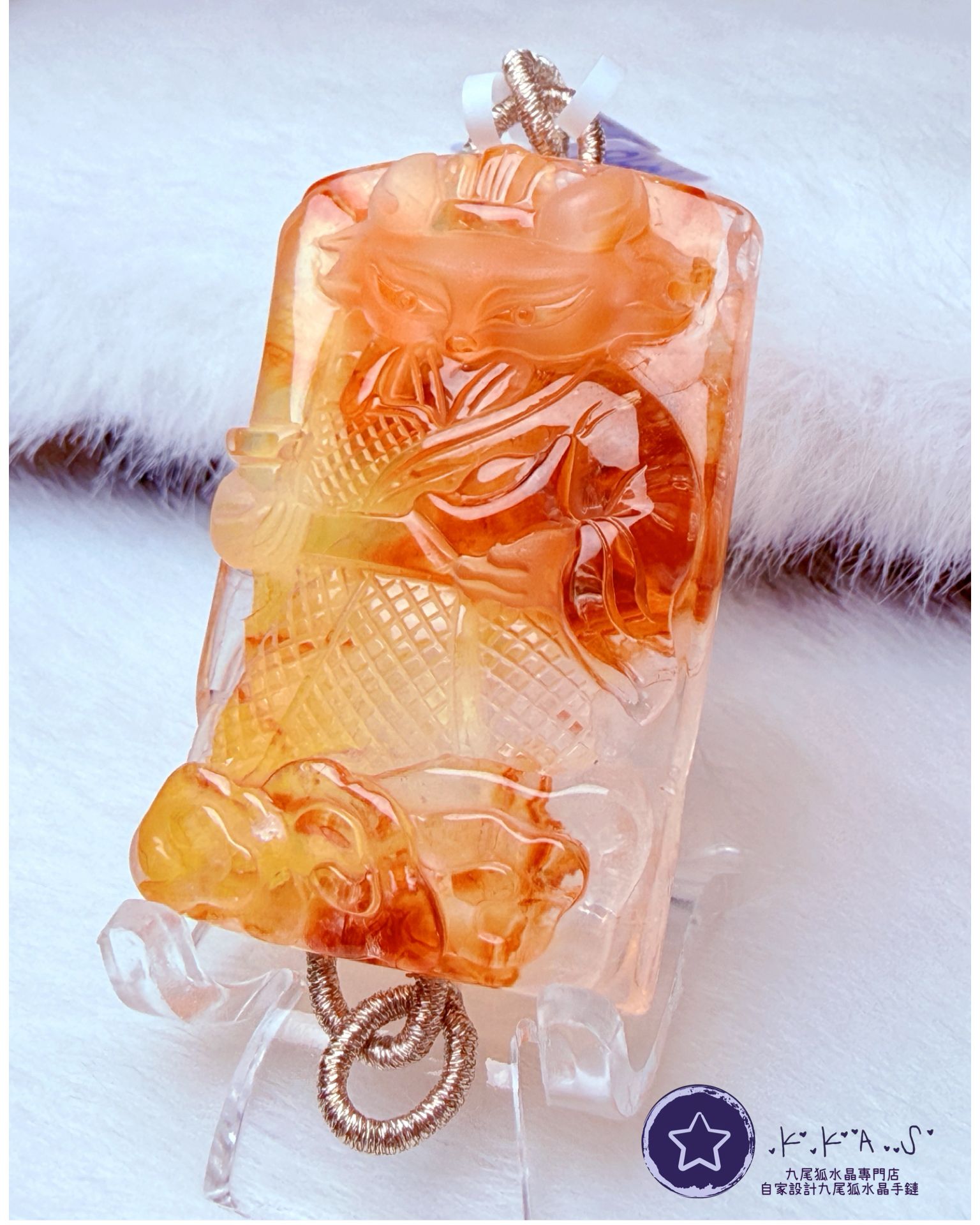 K00125 橙紅膠花 將軍狐 - 吊墜/手牌兩用款