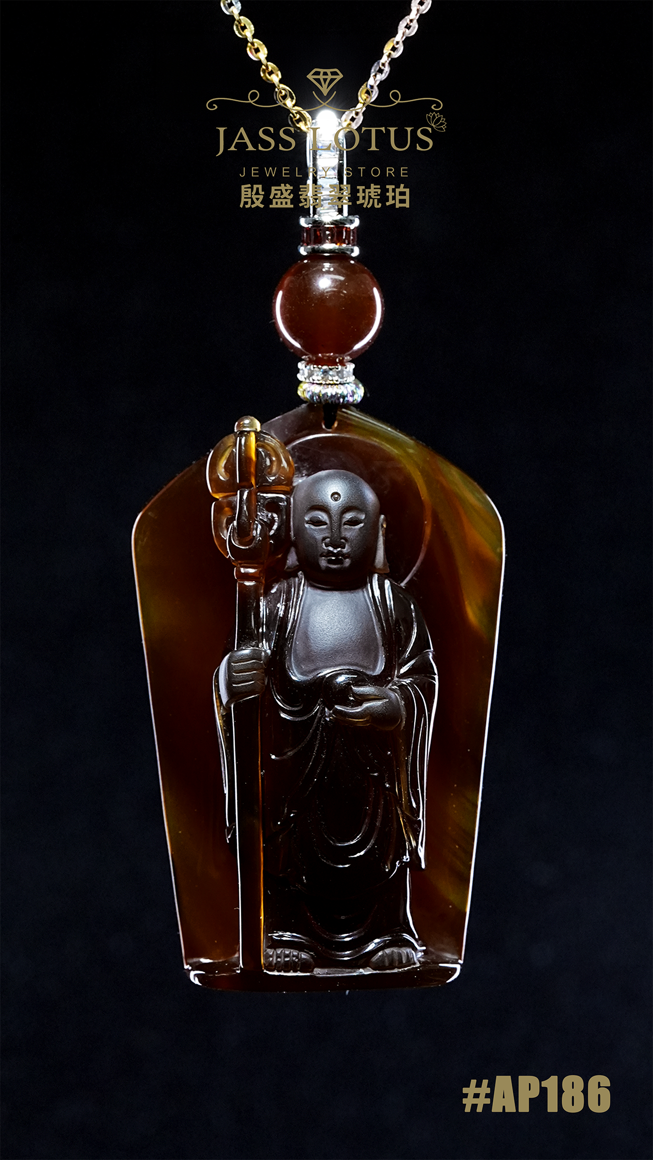 緬甸天然琥珀紫蜜珀「地藏菩薩」精工雕刻吊墜