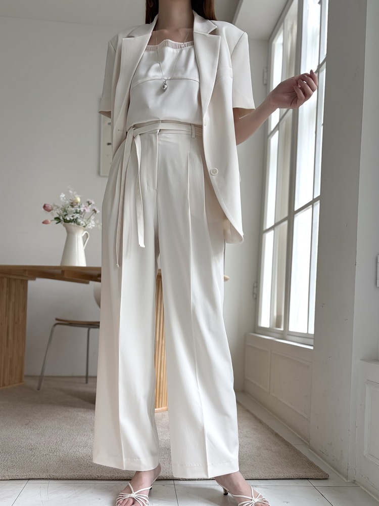 Aveline Belted Straight Slacks (Ivory)
