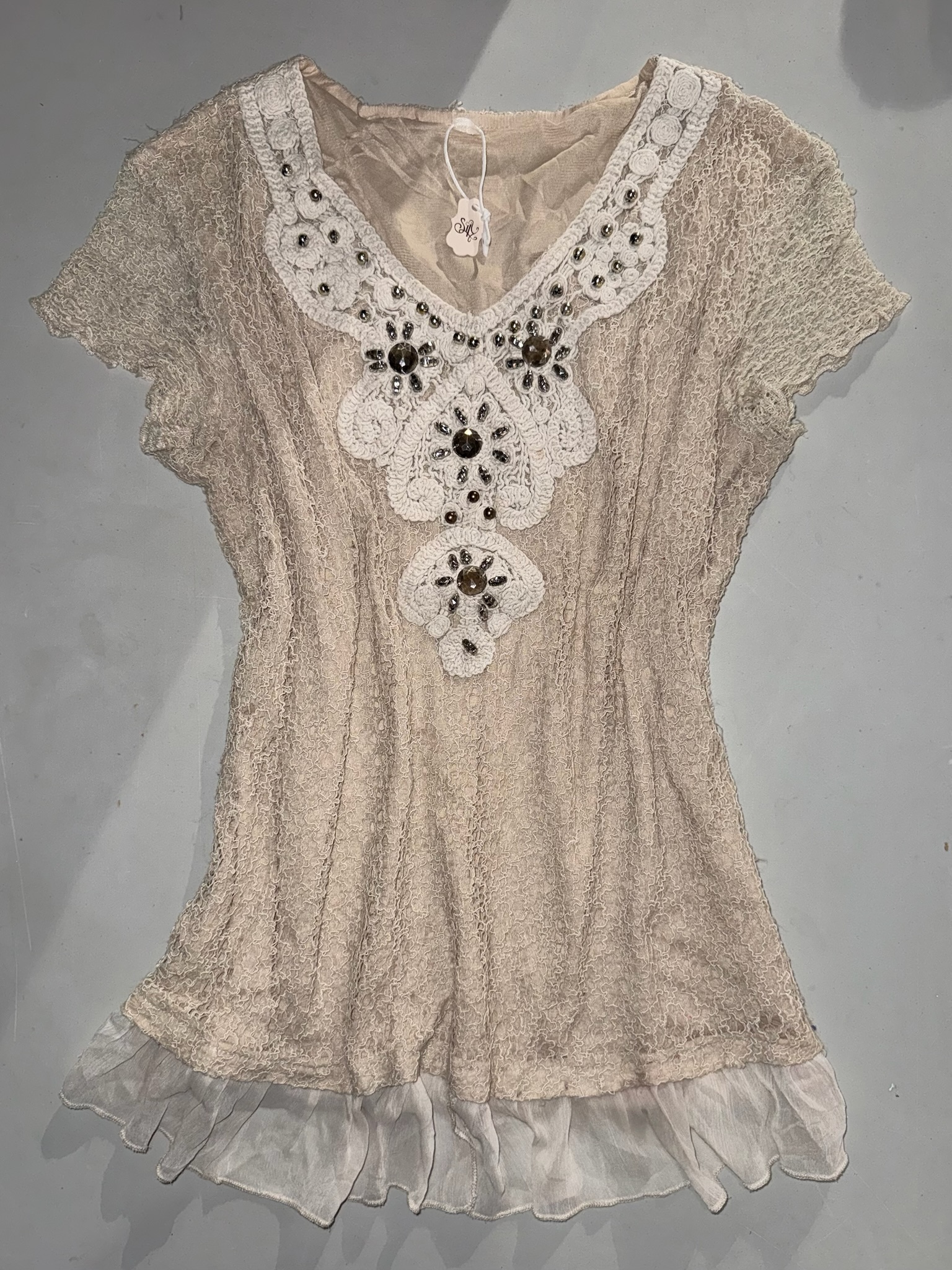 Gem-Embellished Crochet Neckline Crinkle Top