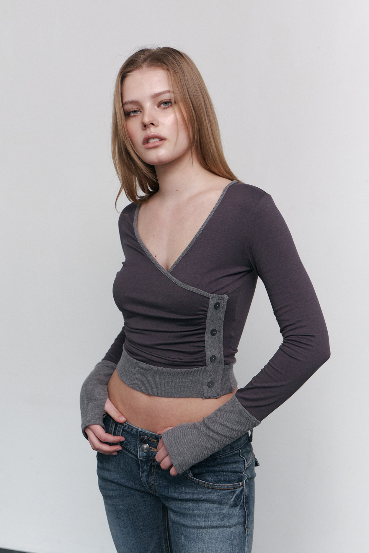 pleaseNOFOLLOW - Selena Button Wrap long sleeve Top (Charcoal)